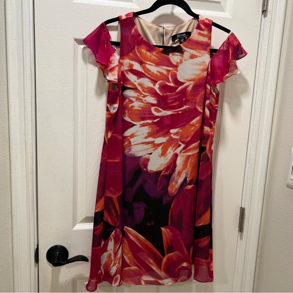 🌺 Kensie “Fuo” Cold Shoulder Floral Print mini Dress – Pink/Orange SIZE 6 EUC
